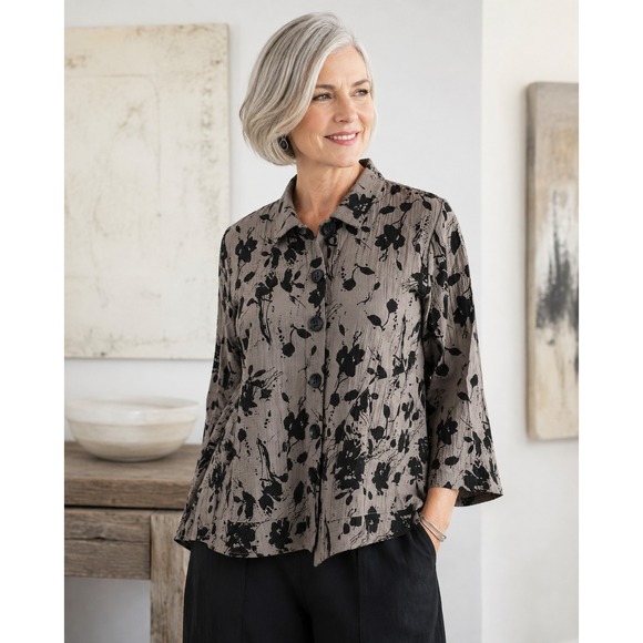 Habitat Tops - Habitat Floral Splatter Crinkle Textured Button Up Swing Top Taupe Black Small